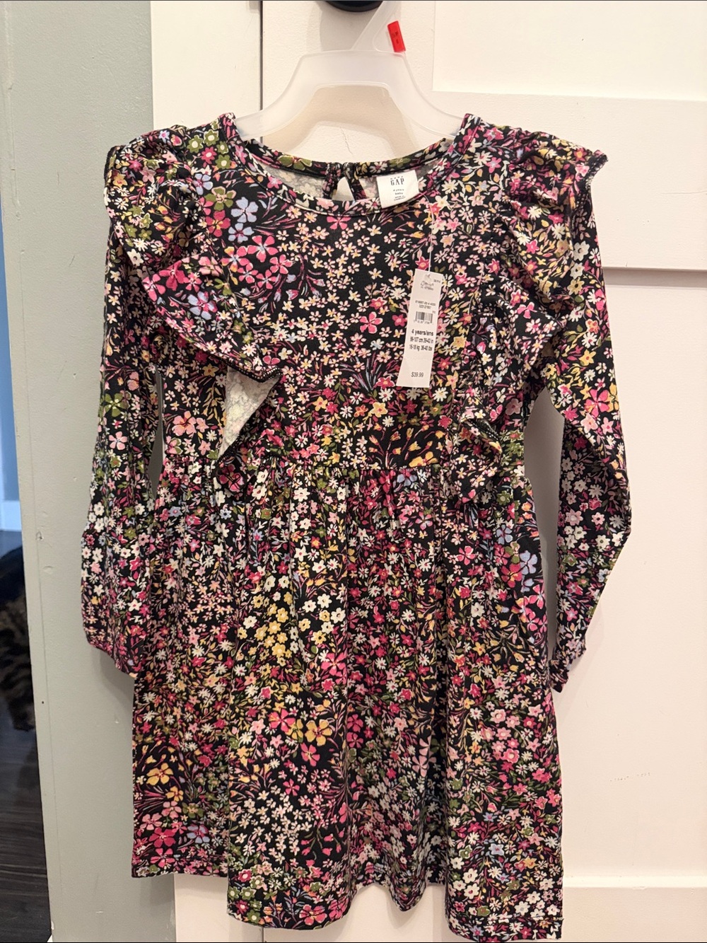 ✨3/$45✨GAP Black Floral Ruffle Long-Sleeve Dress with Pink & Yellow Flowers